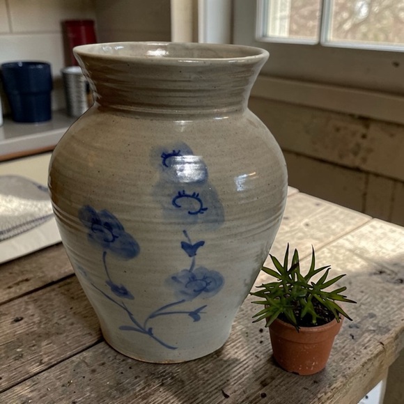 unbranded vintage Other - Vintage Studio Pottery Vase Blue Floral Stoneware Rustic Farmhouse 10” Stoneware